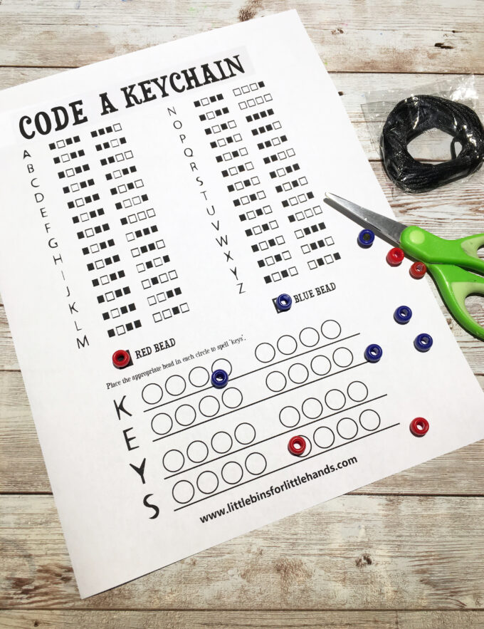 supplies and printable for binary code keychain project