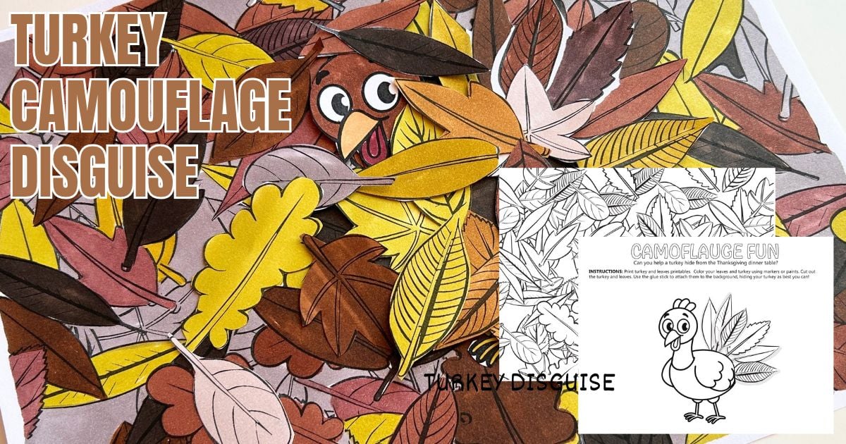 Turkey camouflage art project with a hidden turkey surrounded by colorful fall leaves in a printable collage.