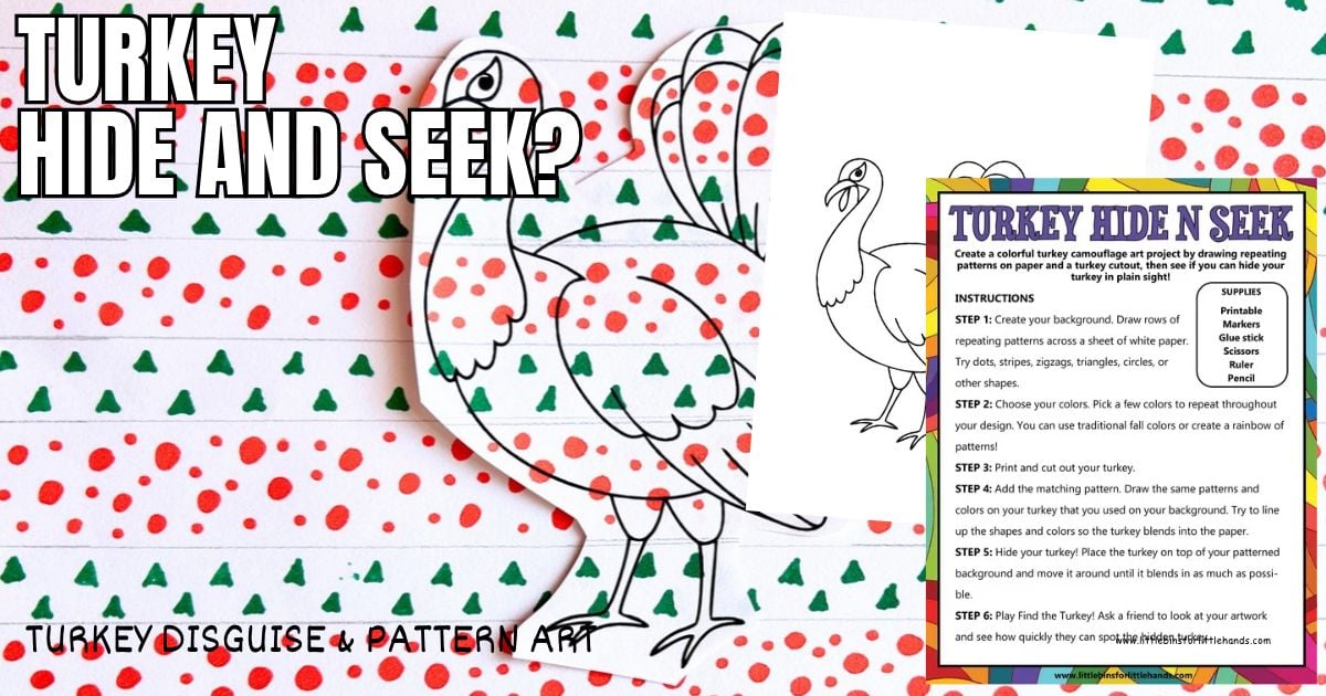 Turkey hide and seek art project with a paper turkey camouflaged against matching red and green repeating patterns.