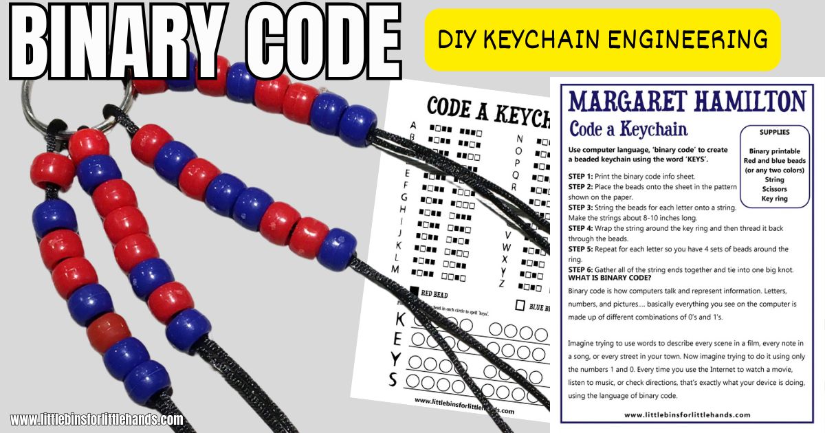 Binary code keychain made with red and blue pony beads and a key ring