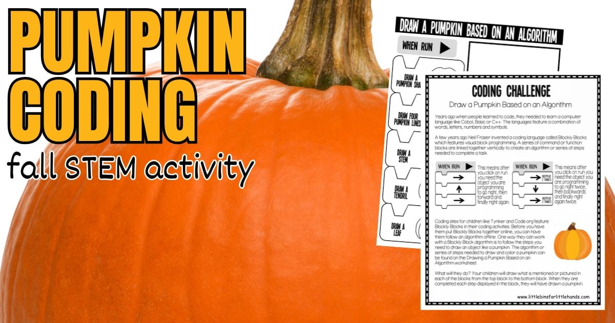 Pumpkin coding activity for kids with a free printable algorithm for drawing a pumpkin step by step
